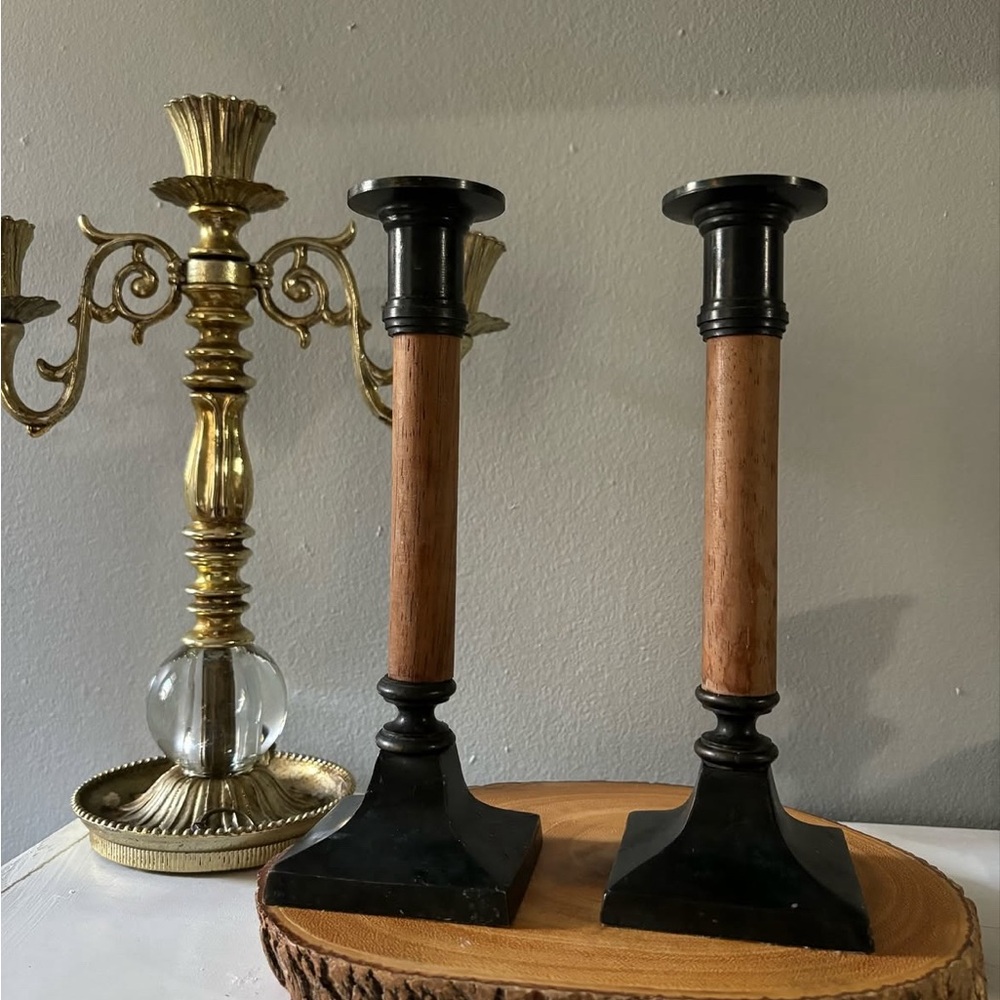 Mid century style wood and silver plated candle sticks